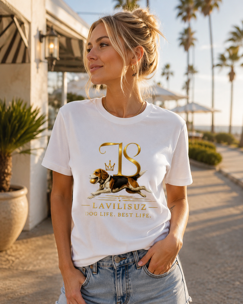 Woman wearing Lavilisuz Dog Life Best Life white graphic tee with gold crown beagle design