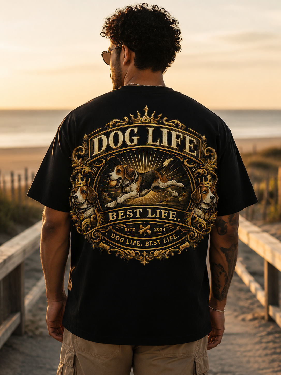 Back view of Lavilisuz Dog Life Best Life black tee with ornate gold crest graphic at sunset beach